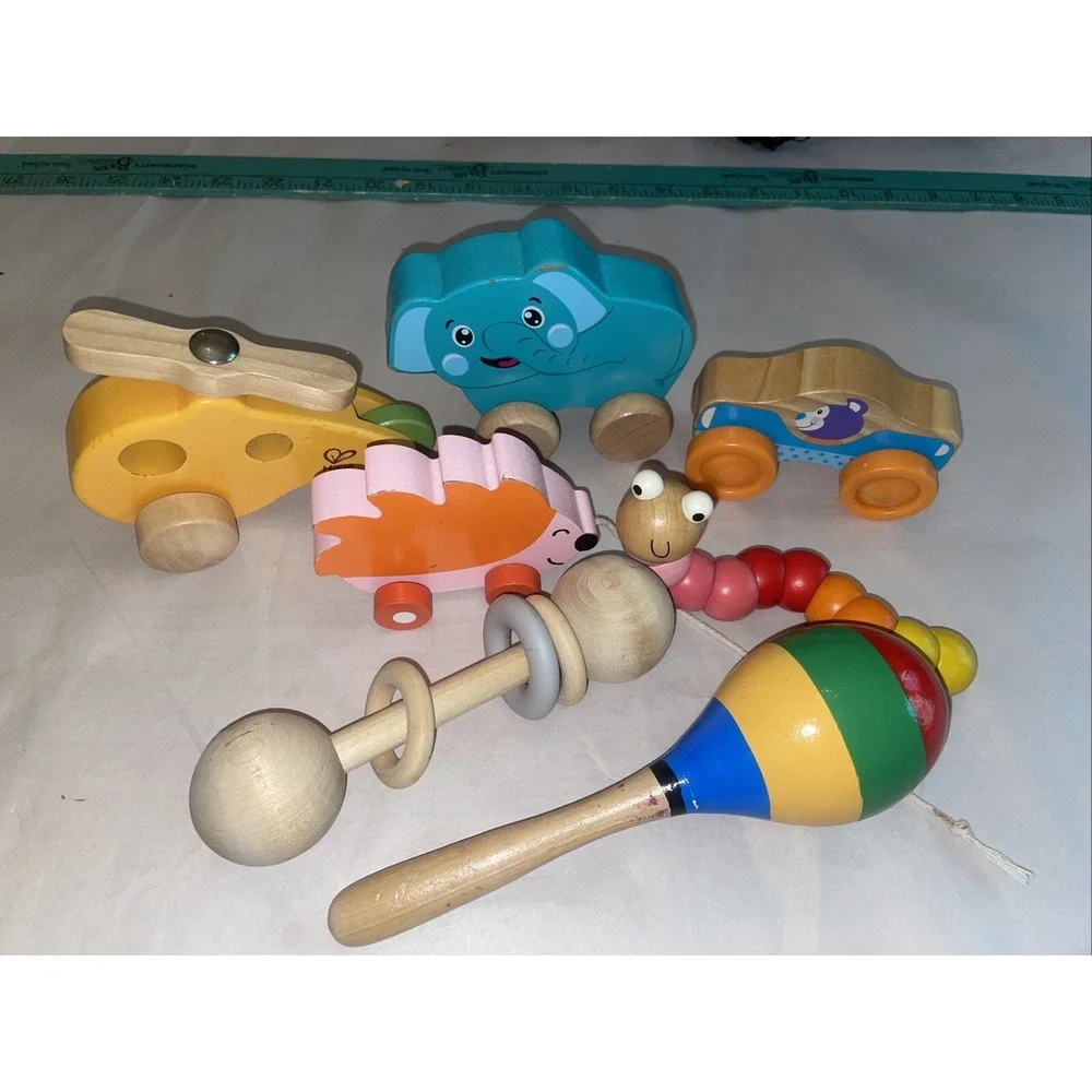 7 Wooden Toys Baby Toddler Pull Toys Wheels Rattle Caterpillar Helicopter Porcup